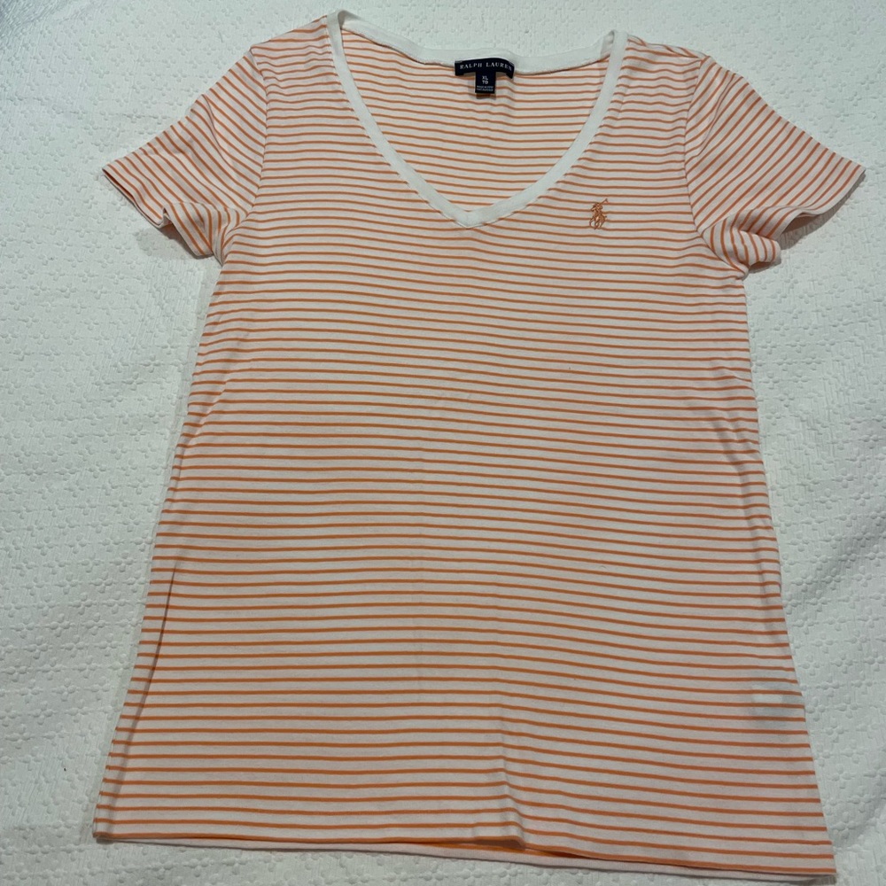 Ralph Lauren, orange, and white striped V-neck top size extra large